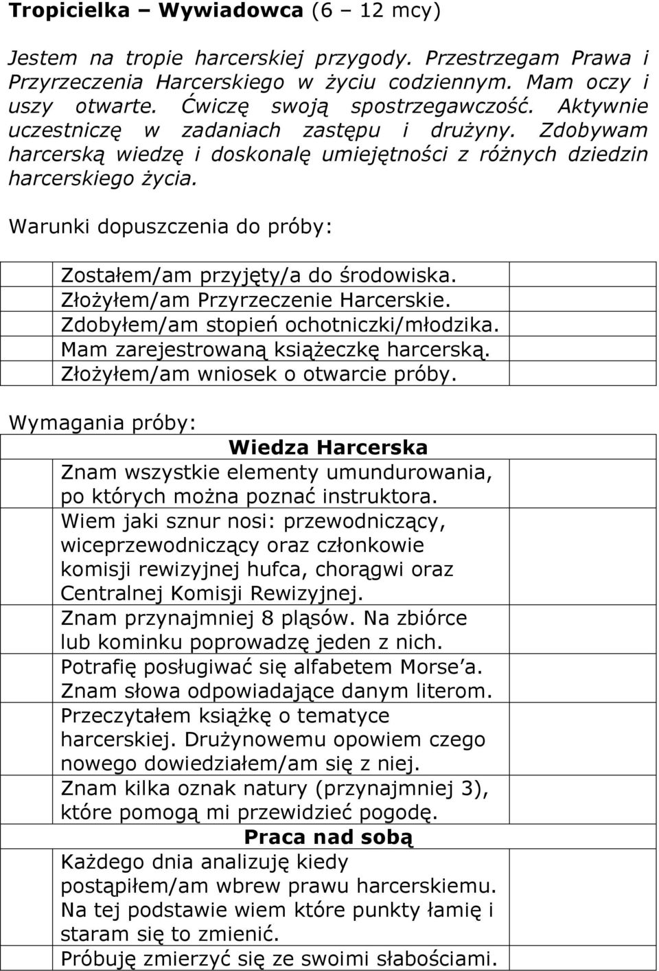 Warunki dopuszczenia do próby: Zostałem/am przyjęty/a do środowiska. Złożyłem/am Przyrzeczenie Harcerskie. Zdobyłem/am stopień ochotniczki/młodzika. Mam zarejestrowaną książeczkę harcerską.