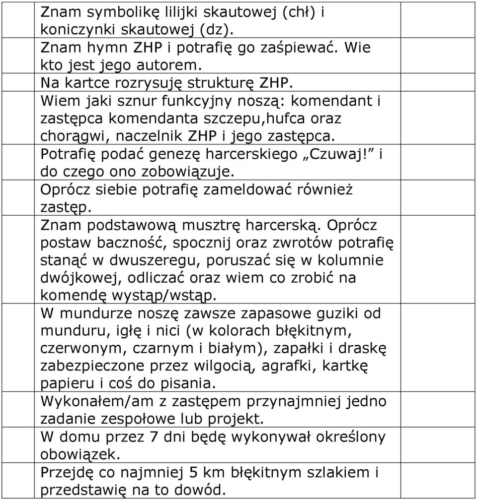 Oprócz siebie potrafię zameldować również zastęp. Znam podstawową musztrę harcerską.