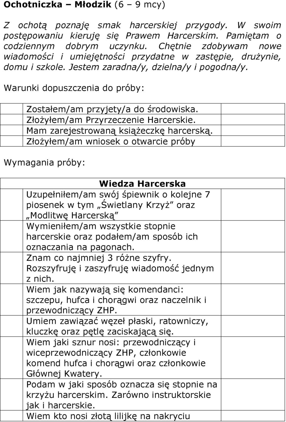 Warunki dopuszczenia do próby: Zostałem/am przyjety/a do środowiska. Złożyłem/am Przyrzeczenie Harcerskie. Mam zarejestrowaną książeczkę harcerską.