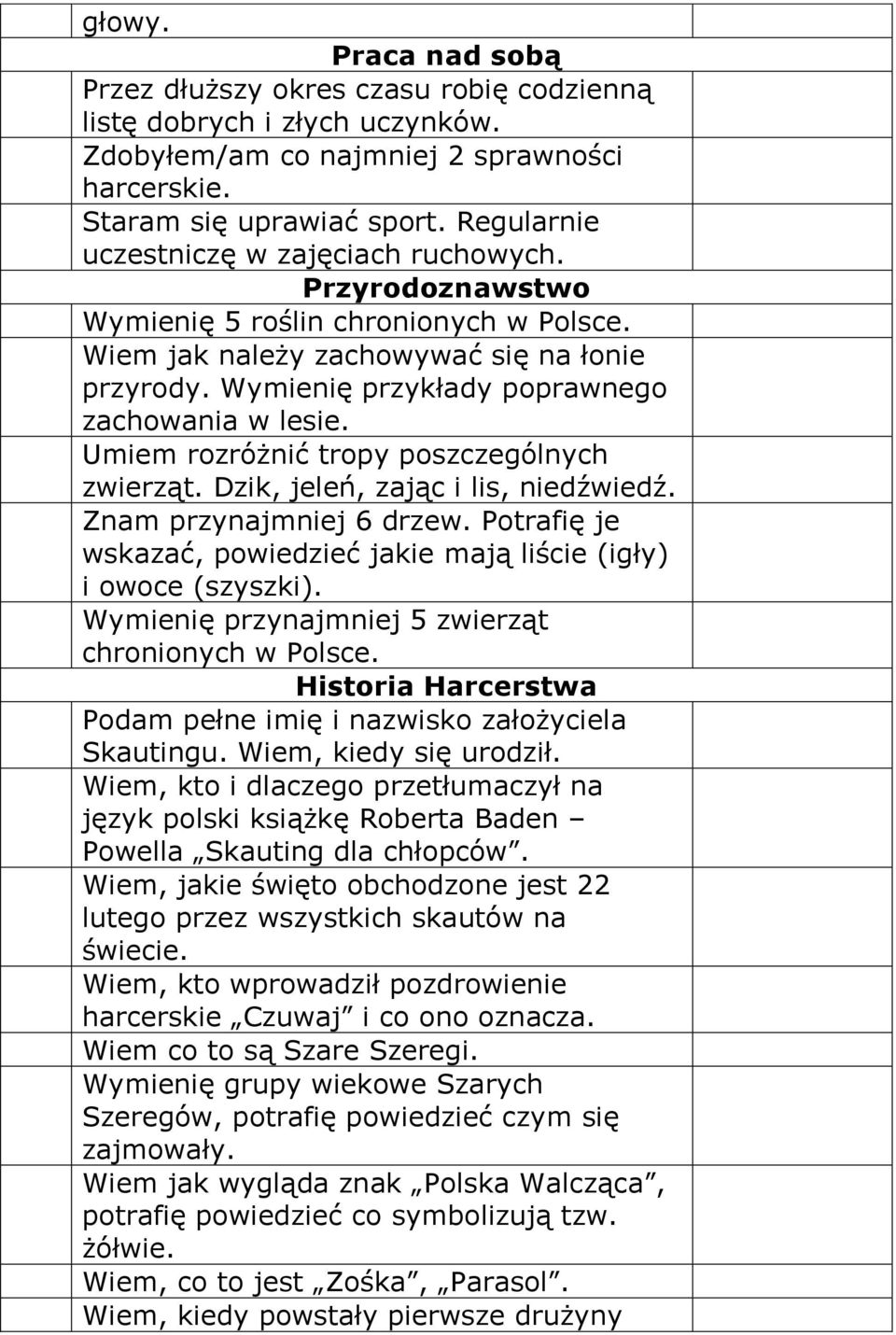 Wymienię przykłady poprawnego zachowania w lesie. Umiem rozróżnić tropy poszczególnych zwierząt. Dzik, jeleń, zając i lis, niedźwiedź. Znam przynajmniej 6 drzew.