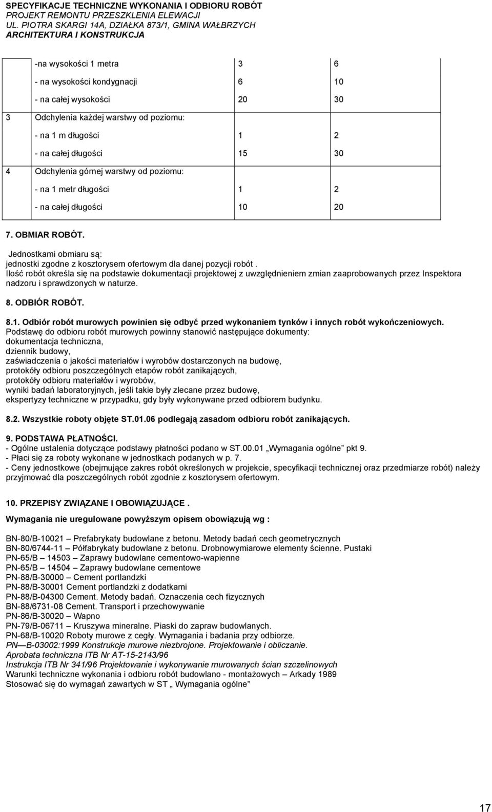 Ilość robót określa się na podstawie dokumentacji projektowej z uwzględnieniem zmian zaaprobowanych przez Inspektora nadzoru i sprawdzonych w naturze. 8. ODBIÓR ROBÓT. 8.1.