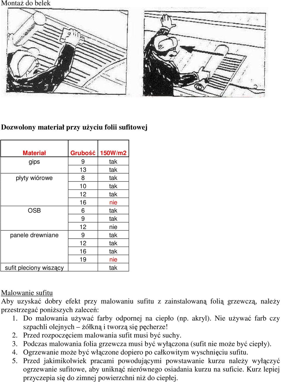 Do malowania używać farby odpornej na ciepło (np. akryl). Nie używać farb czy szpachli olejnych żółkną i tworzą się pęcherze! 2. Przed rozpoczęciem malowania sufit musi być suchy. 3.