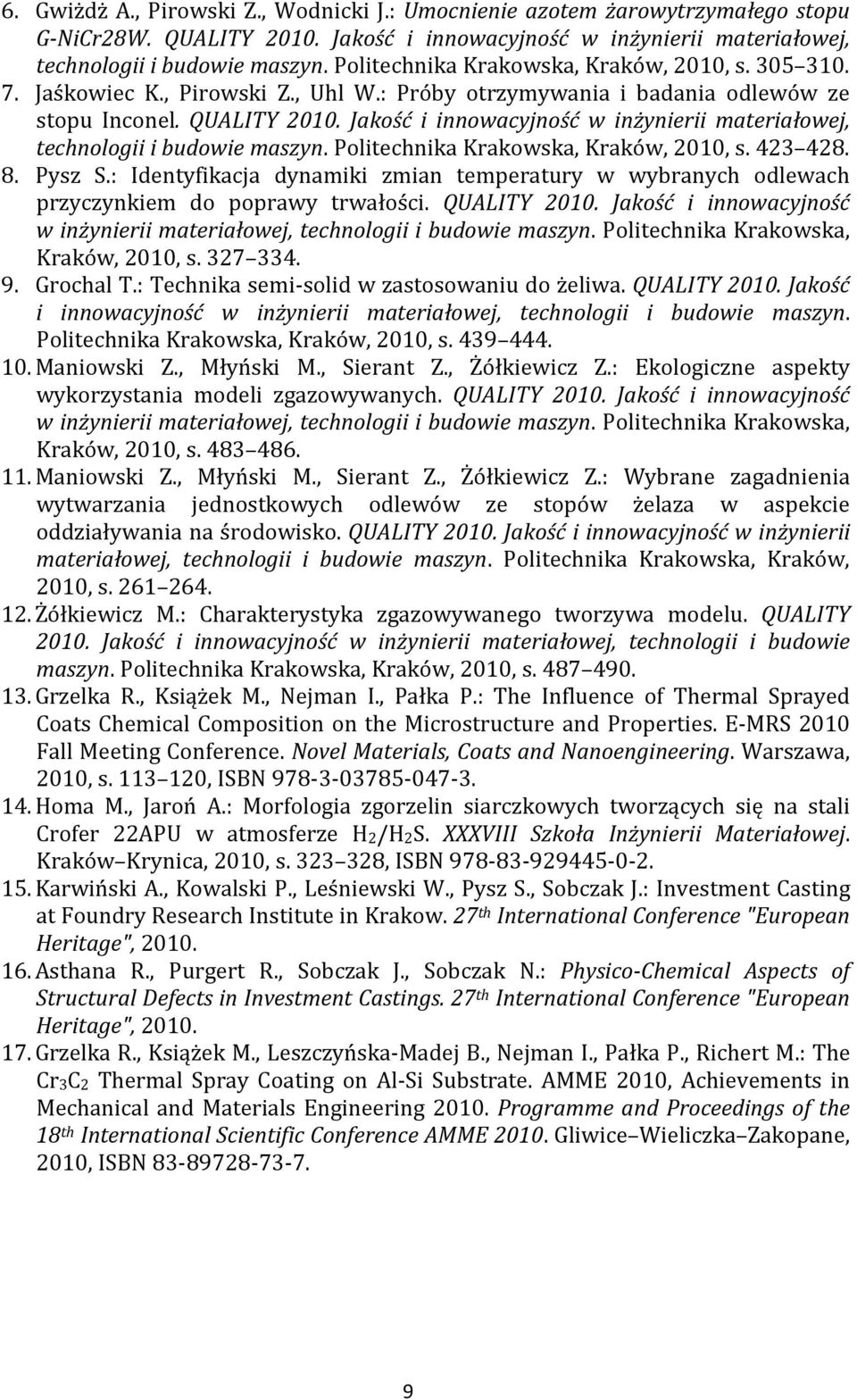 Jakość i innowacyjność w inżynierii materiałowej, technologii i budowie maszyn. Politechnika Krakowska, Kraków, 2010, s. 423 428. 8. Pysz S.