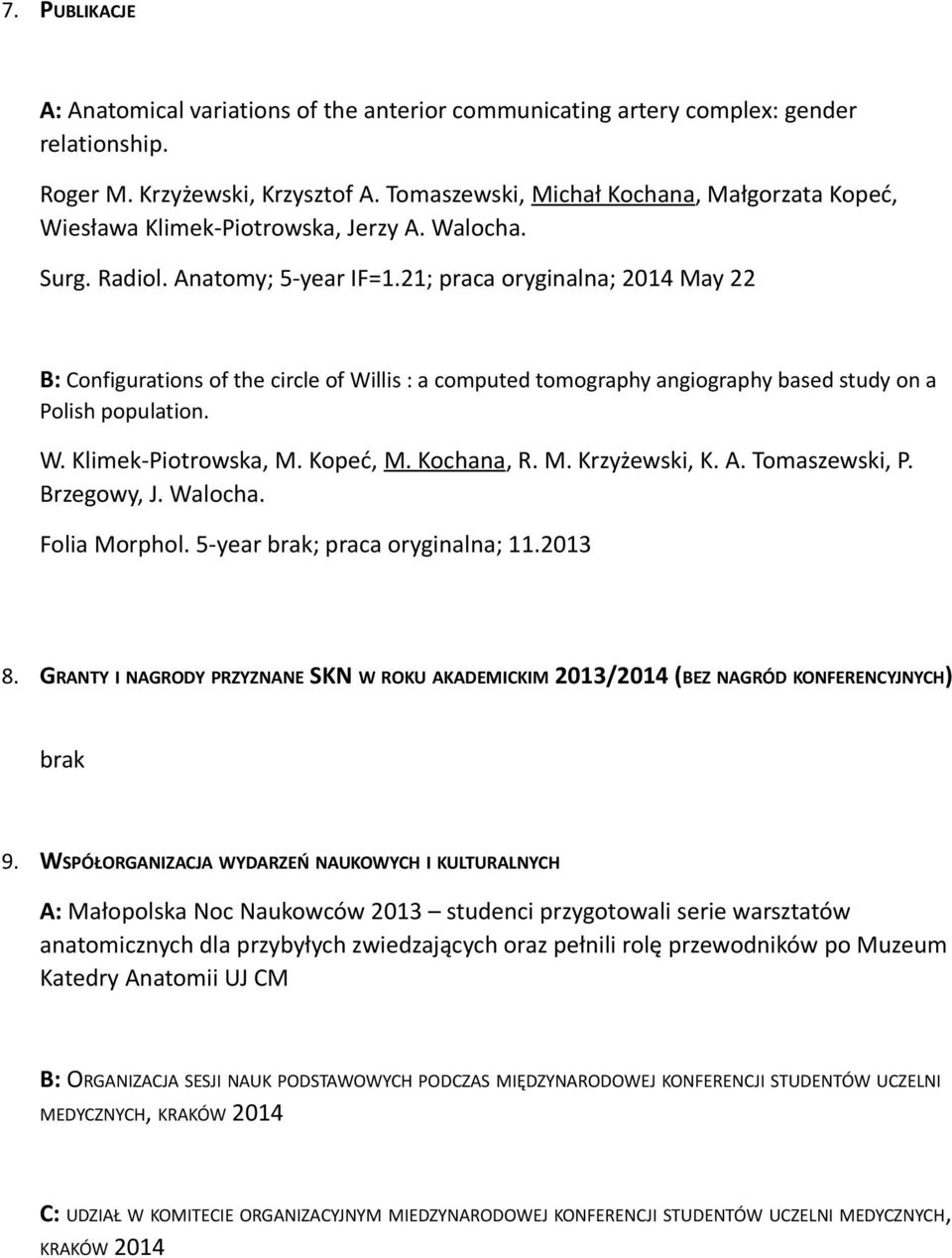 21; praca oryginalna; 2014 May 22 B: Configurations of the circle of Willis : a computed tomography angiography based study on a Polish population. W. Klimek-Piotrowska, M. Kopeć, M. Kochana, R. M. Krzyżewski, K.