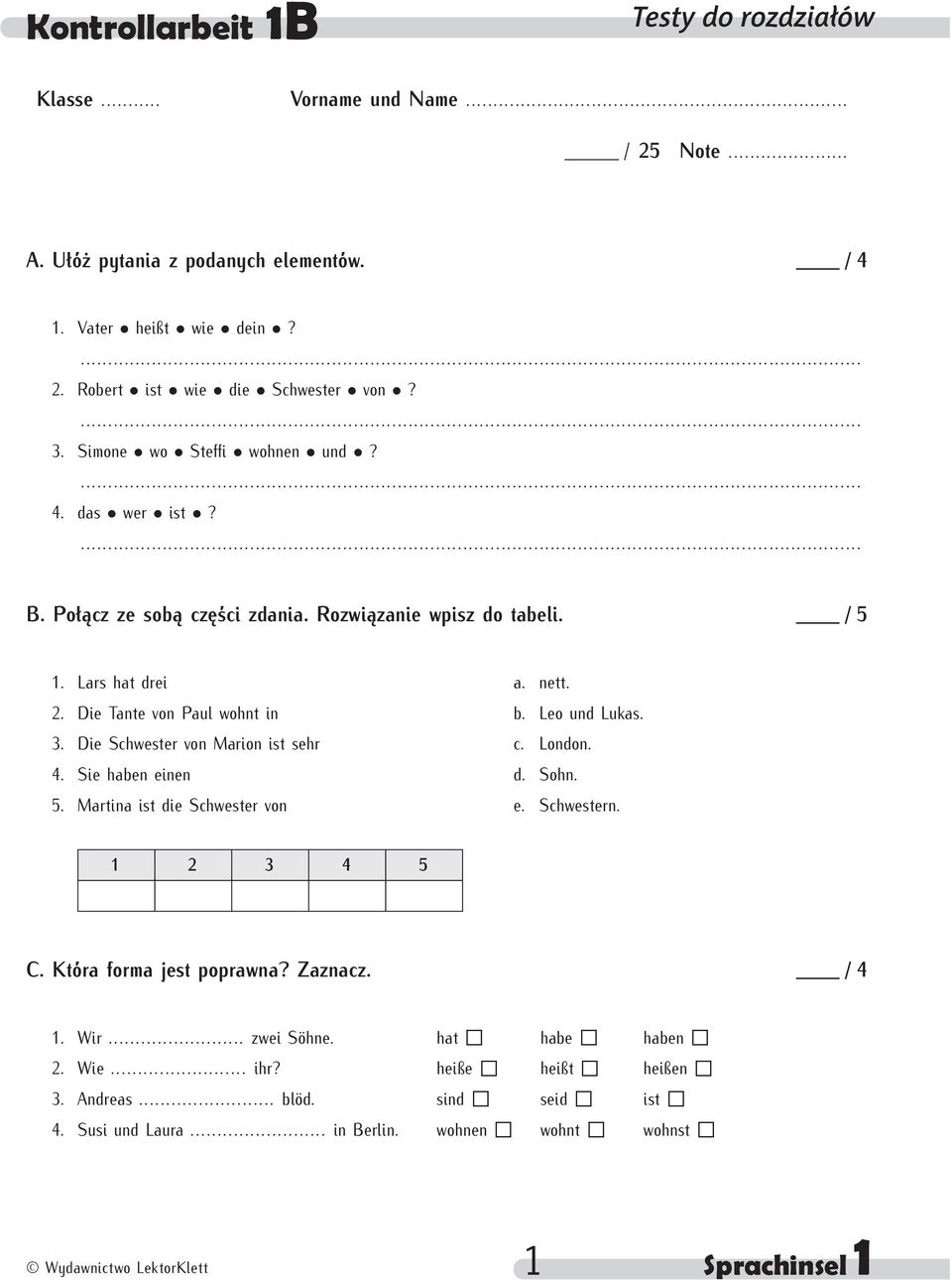Leo und Lukas. 3. Die Schwester von Marion ist sehr c. London. 4. Sie haben einen d. Sohn. 5. Martina ist die Schwester von e. Schwestern. 1 2 3 4 5 C. Która forma jest poprawna?
