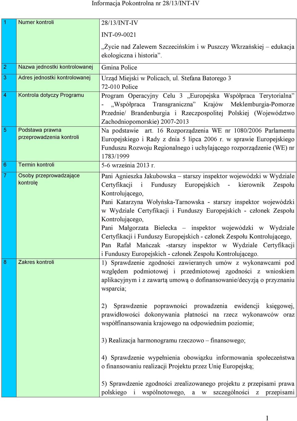 Stefana Batorego 3 72-010 Police 4 Kontrola dotyczy Programu Program Operacyjny Celu 3 Europejska Współpraca Terytorialna - Współpraca Transgraniczna Krajów Meklemburgia-Pomorze Przednie/