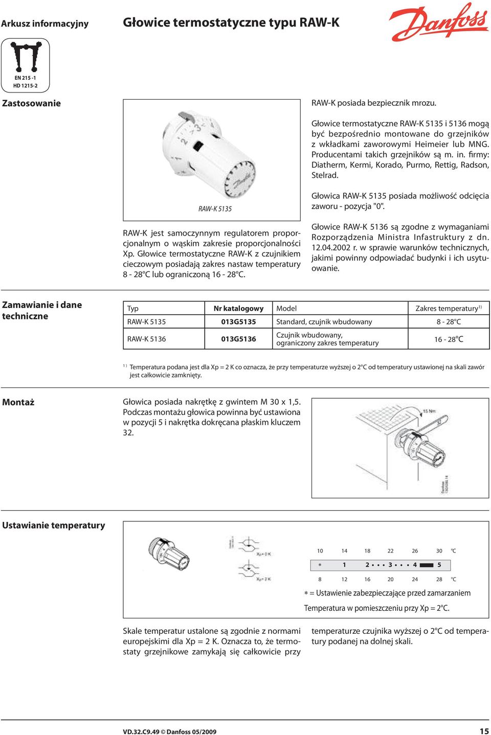 firmy: Diatherm, Kermi, Korado, Purmo, Rettig, Radson, Stelrad. RAW-K 5135 RAW-K jest samoczynnym regulatorem pro porcjonalnym o wąskim zakresie proporcjonal ności Xp.