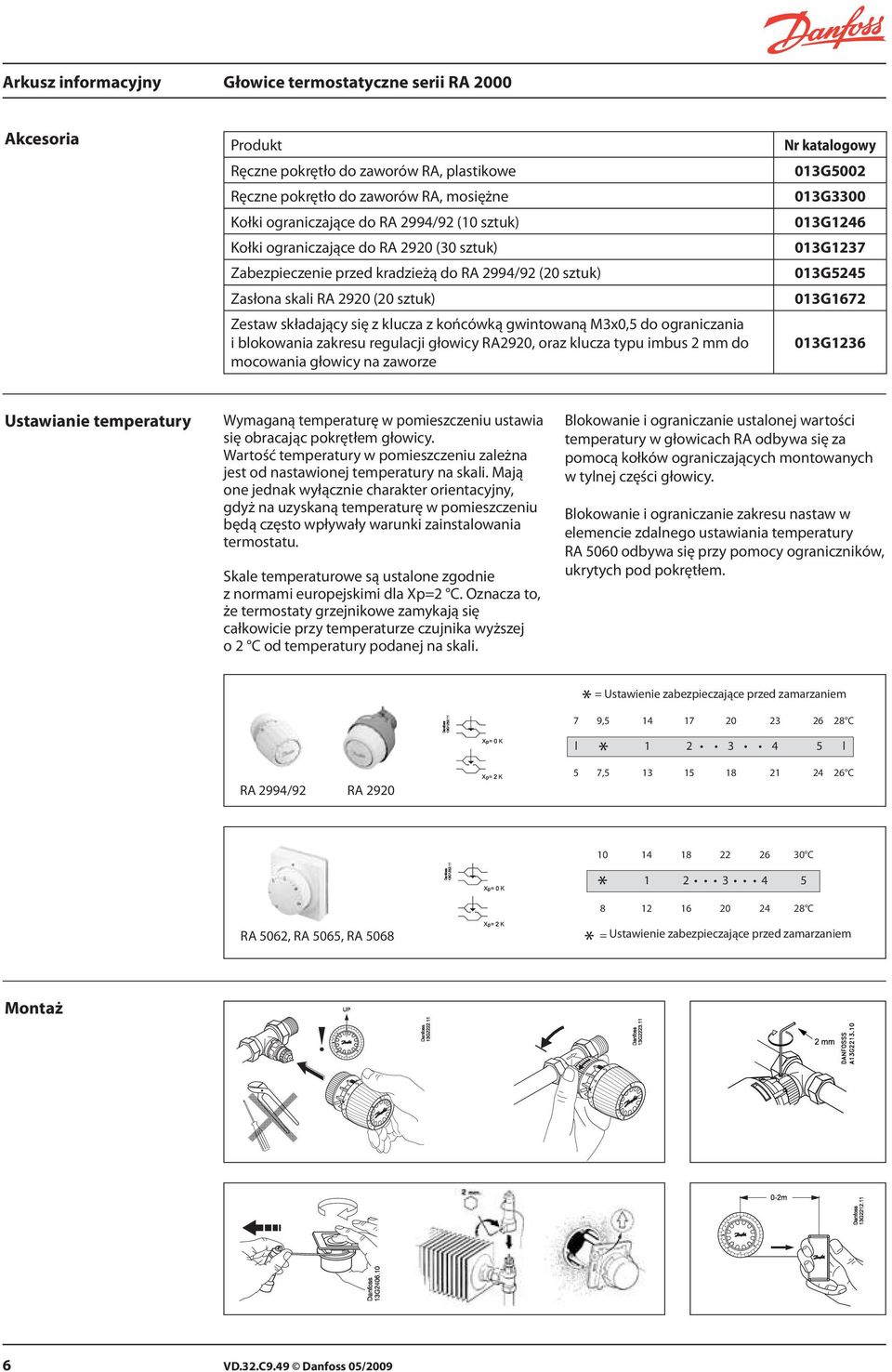 ograniczania i blokowania zakresu regulacji głowicy RA2920, oraz klucza typu imbus 2 mm do mocowania głowicy na zaworze Nr katalogowy 013G5002 013G3300 013G1246 013G1237 013G5245 013G1672 013G1236