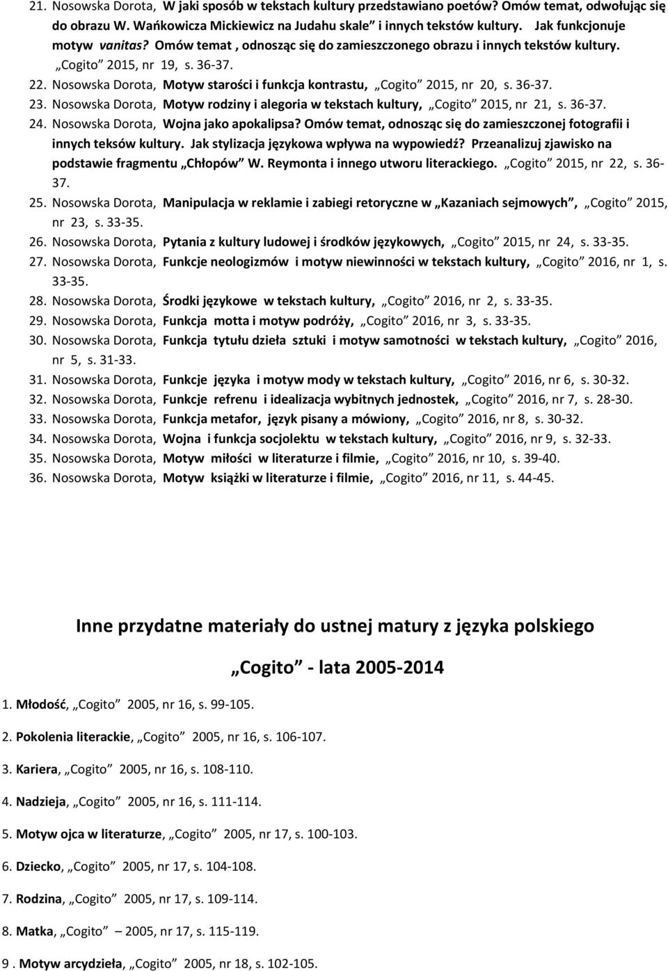 Nosowska Dorota, Motyw starości i funkcja kontrastu, Cogito 2015, nr 20, s. 36-37. 23. Nosowska Dorota, Motyw rodziny i alegoria w tekstach kultury, Cogito 2015, nr 21, s. 36-37. 24.