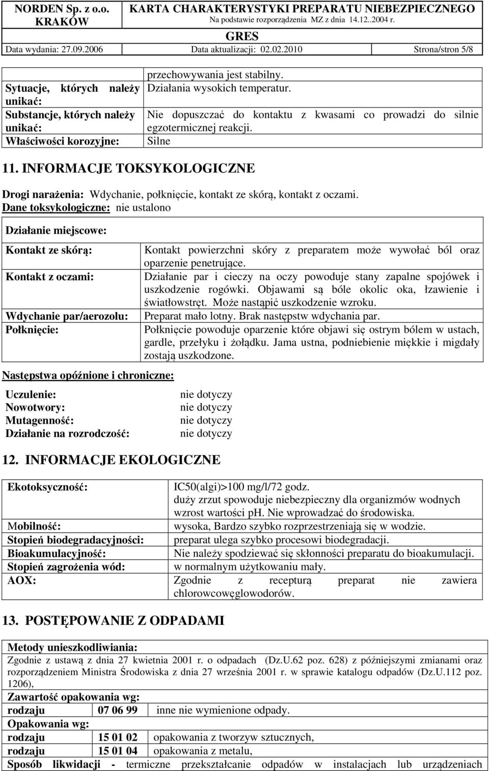 INFORMACJE TOKSYKOLOGICZNE Drogi narażenia: Wdychanie, połknięcie, kontakt ze skórą, kontakt z oczami.