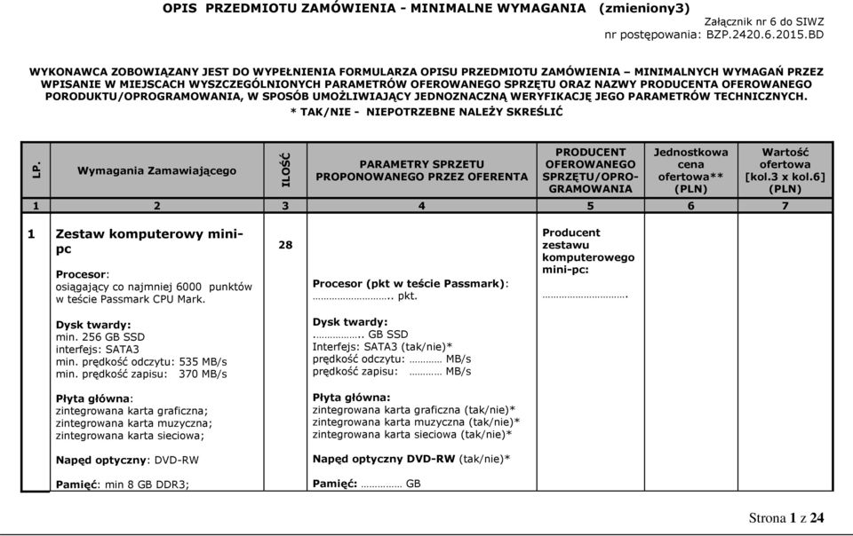 Wymagania Zamawiającego ILOŚĆ PARAMETRY SPRZETU PROPONOWANEGO PRZEZ OFERENTA PRODUCENT OFEROWANEGO SPRZĘTU/OPRO- GRAMOWANIA Jednostkowa cena ofertowa** (PLN) Wartość ofertowa [kol.3 x kol.