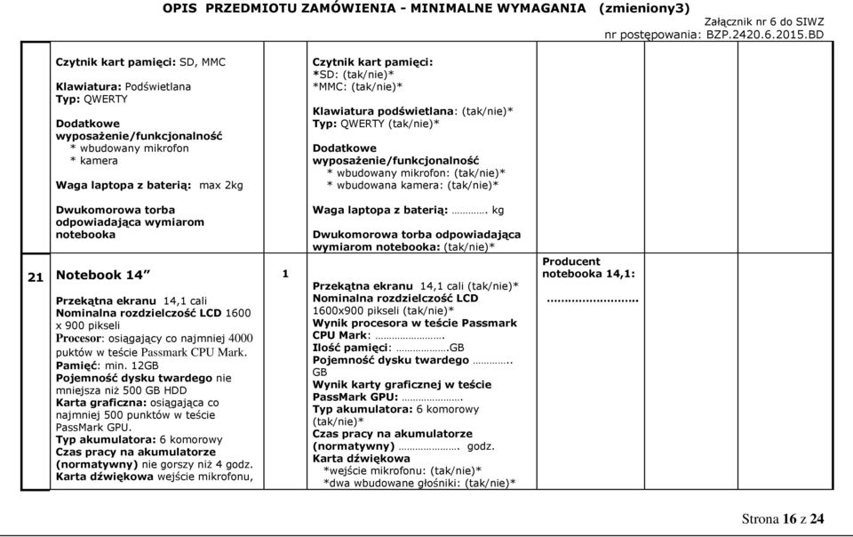 14,1 cali Nominalna rozdzielczość LCD 1600 x 900 pikseli Procesor: osiągający co najmniej 4000 puktów w teście Passmark CPU Mark. Pamięć: min.