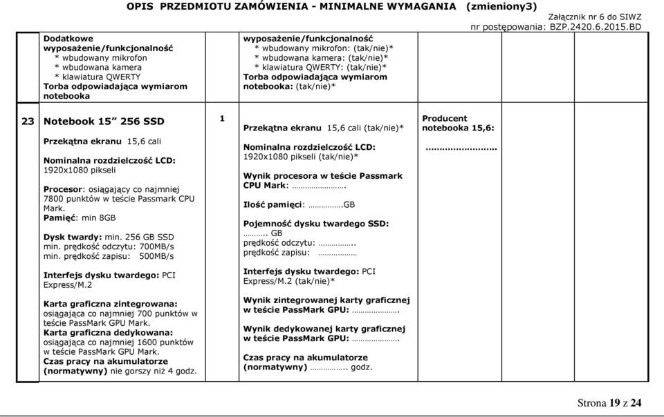 1920x1080 pikseli Procesor: osiągający co najmniej 7800 punktów w teście Passmark CPU Mark. Pamięć: min 8GB Dysk twardy: min. 256 GB SSD min. prędkość odczytu: 700MB/s min.