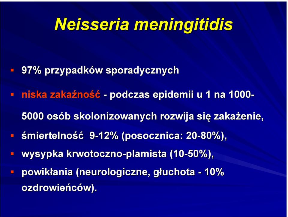 zakażenie, śmiertelność 9-12% 9 (posocznica: 20-80%), wysypka