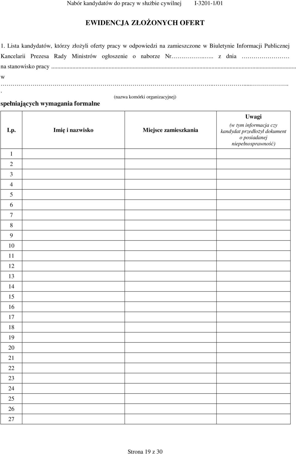 ogłoszenie o naborze Nr.... z dnia na stanowisko pracy... w....... (nazwa komórki organizacyjnej) spełniających wymagania formalne Lp.