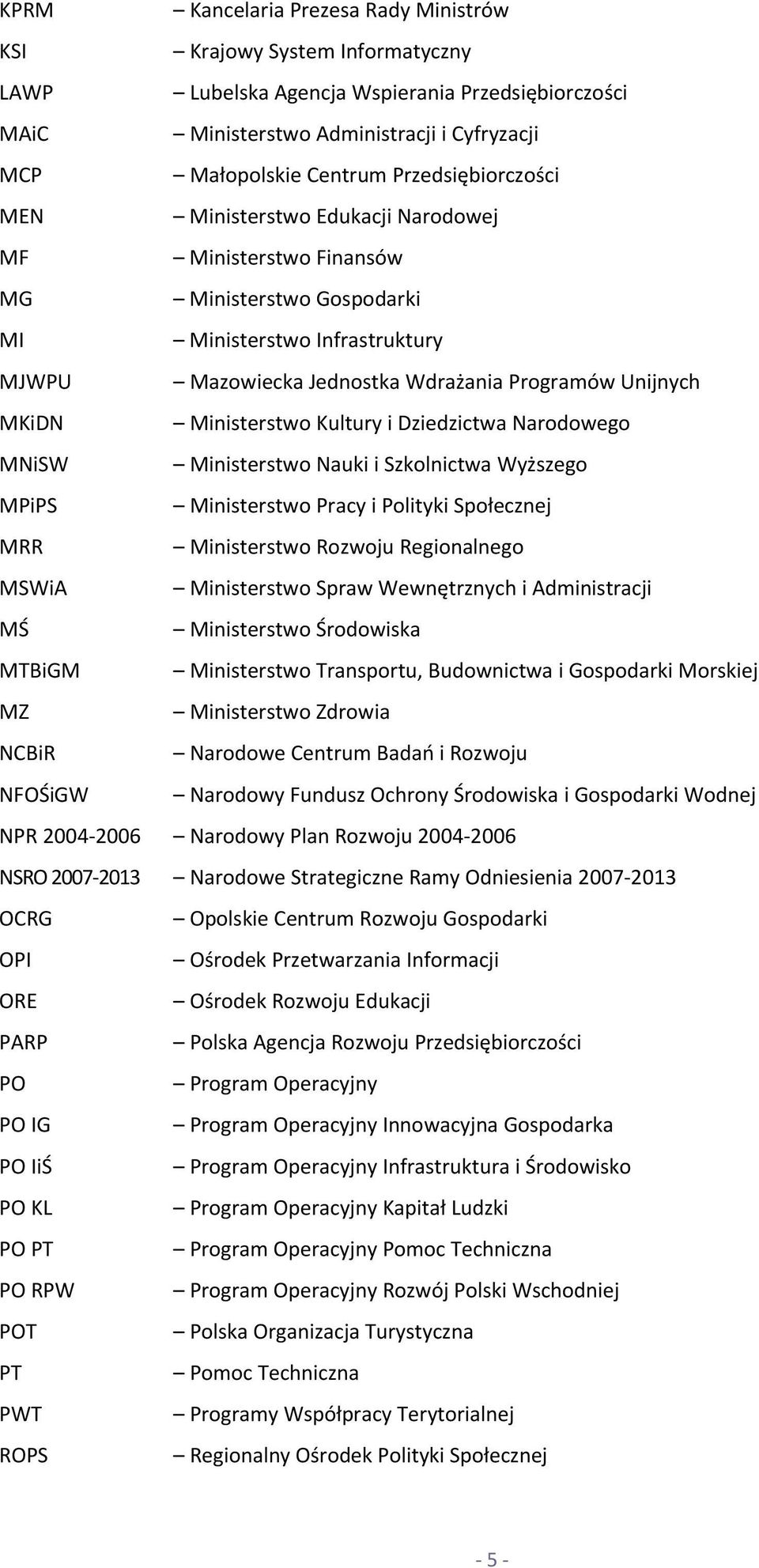 Ministerstwo Kultury i Dziedzictwa Narodowego MNiSW Ministerstwo Nauki i Szkolnictwa Wyższego MPiPS Ministerstwo Pracy i Polityki Społecznej MRR Ministerstwo Rozwoju Regionalnego MSWiA Ministerstwo