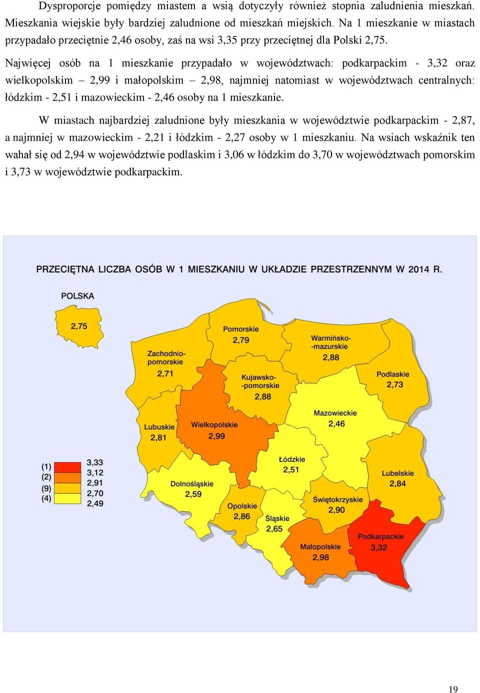 Najwięcej osób na 1 mieszkanie przypadało w województwach: podkarpackim - 3,32 oraz wielkopolskim 2,99 i małopolskim 2,98, najmniej natomiast w województwach centralnych: łódzkim - 2,51 i mazowieckim