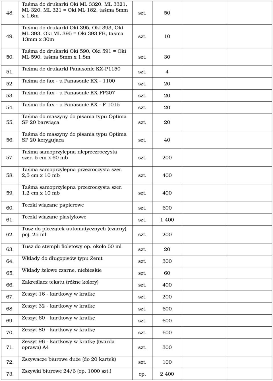 30 Taśma do drukarki Panasonic KX-P1150 Taśma do fax - u Panasonic KX - 1100 Taśma do fax - u Panasonic KX-FP207 Taśma do fax - u Panasonic KX - F 1015 szt.