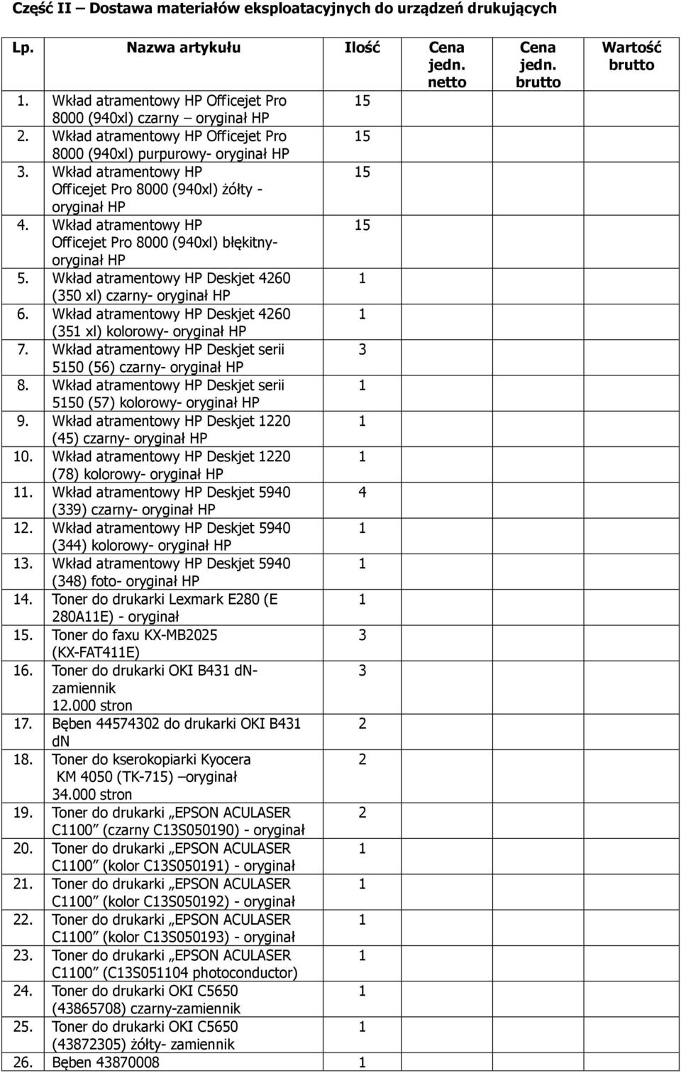 Wkład atramentowy HP 5 Officejet Pro 8000 (940xl) błękitnyoryginał HP 5. Wkład atramentowy HP Deskjet 460 (50 xl) czarny- oryginał HP 6.