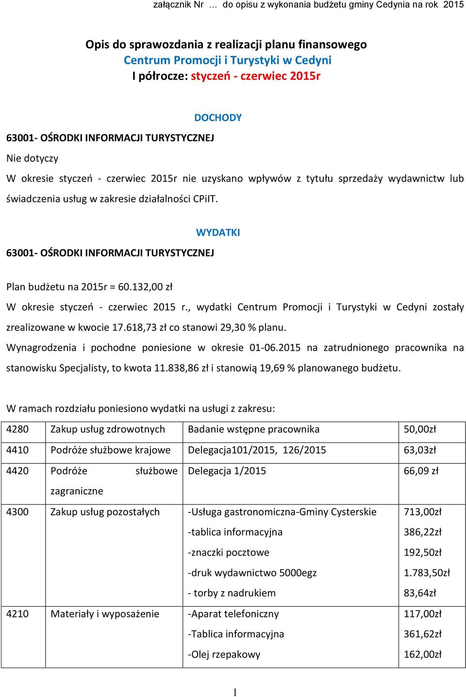 63001- OŚRODKI INFORMACJI TURYSTYCZNEJ WYDATKI Plan budżetu na 2015r = 60.132,00 zł W okresie styczeń - czerwiec 2015 r.