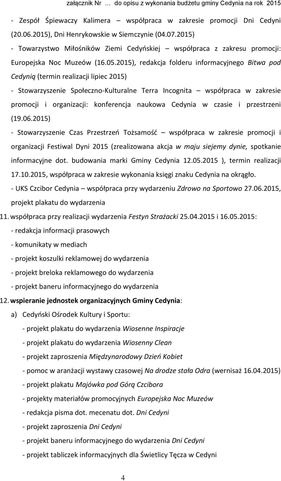 2015), redakcja folderu informacyjnego Bitwa pod Cedynią (termin realizacji lipiec 2015) - Stowarzyszenie Społeczno-Kulturalne Terra Incognita współpraca w zakresie promocji i organizacji: