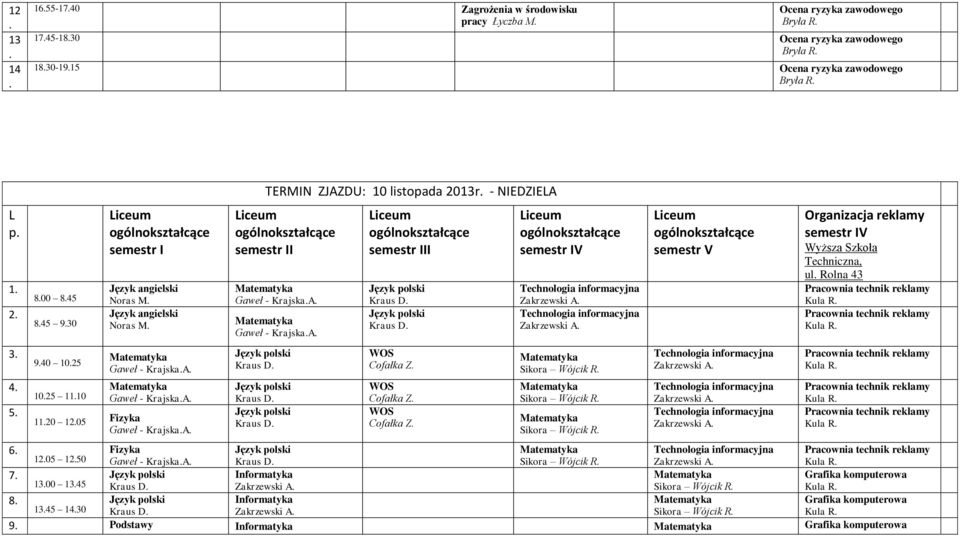 Gaweł - KrajskaA I Cofałka Z Cofałka Z Cofałka Z V Sikora Wójcik R Sikora Wójcik R Sikora Wójcik R semestr V Organizacja reklamy V Wyższa Szkoła Techniczna, ul