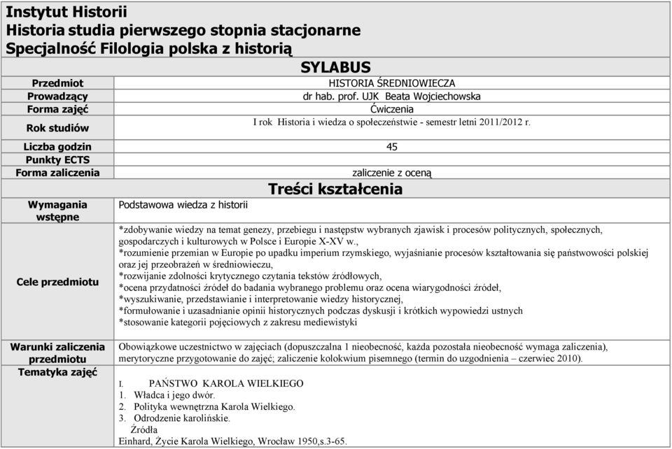 Liczba godzin 45 Punkty ECTS Forma zaliczenia Wymagania wstępne Cele przedmiotu Podstawowa wiedza z historii zaliczenie z oceną Treści kształcenia *zdobywanie wiedzy na temat genezy, przebiegu i