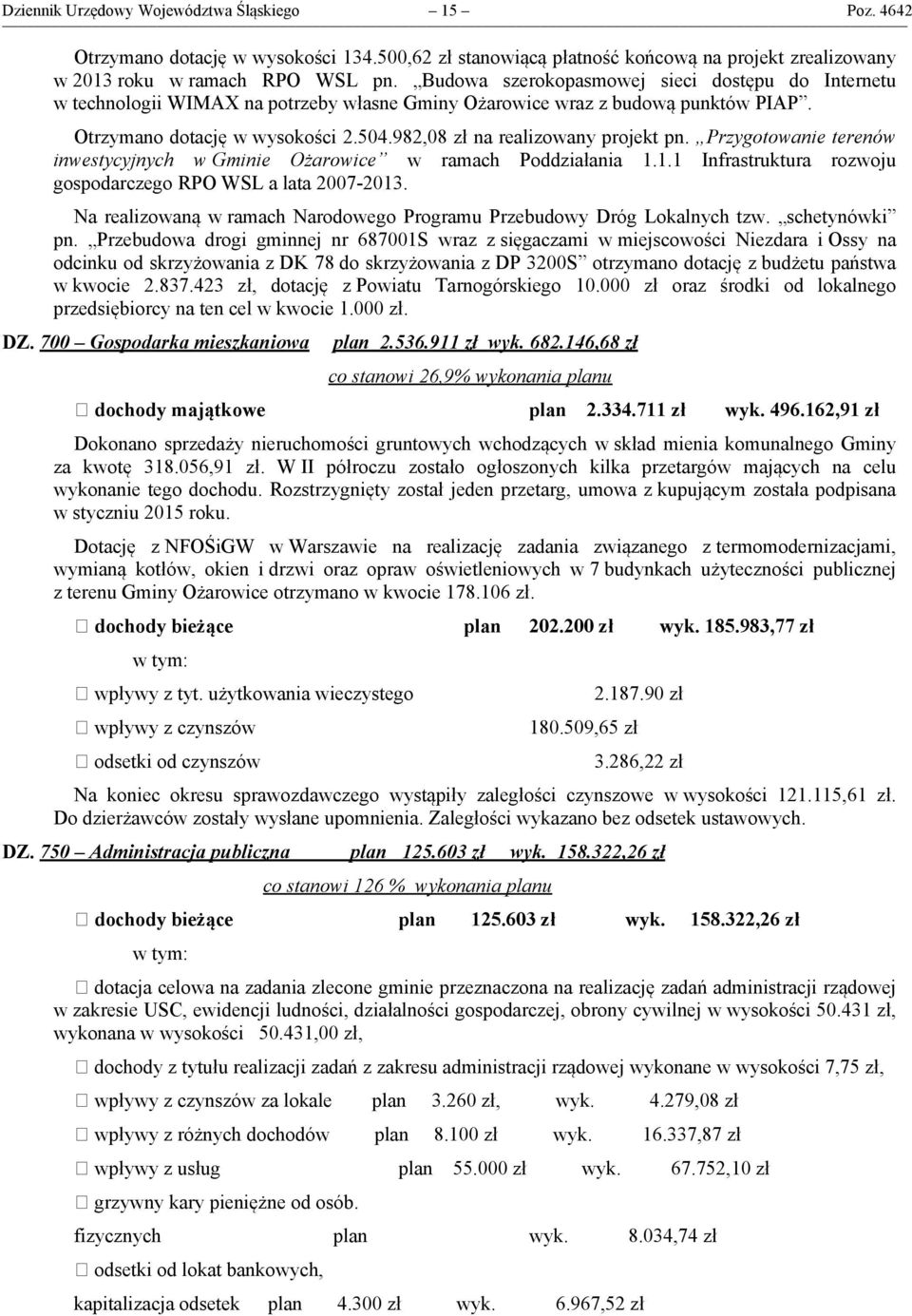 982,08 zł na realizowany projekt pn. Przygotowanie terenów inwestycyjnych w Gminie Ożarowice w ramach Poddziałania 1.1.1 Infrastruktura rozwoju gospodarczego RPO WSL a lata 2007-2013.