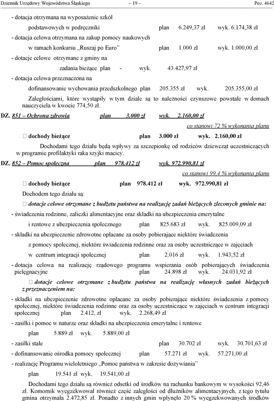 000 zł wyk. 1.000,00 zł - dotacje celowe otrzymane z gminy na - dotacja celowa przeznaczona na zadania bieżące plan - wyk. 43.427,97 zł dofinansowanie wychowania przedszkolnego plan 205.355 zł wyk.