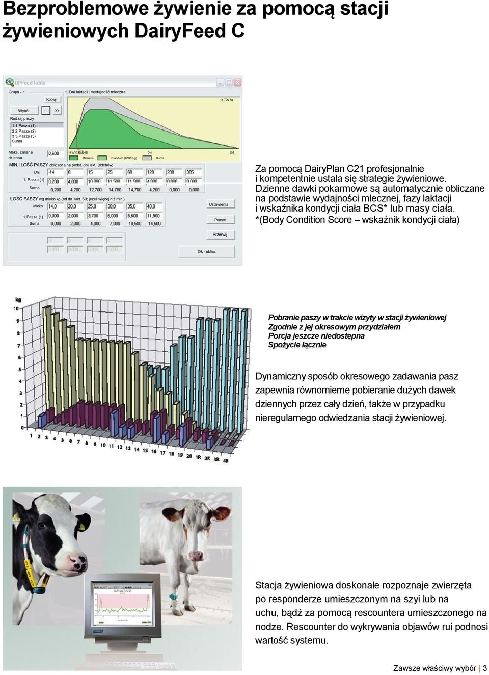 ) Mleko 1.Pasza (1) Suma Ustawienia Pomoc Za pomocą DairyPlan C21 profesjonalnie i kompetentnie ustala się strategie żywieniowe.