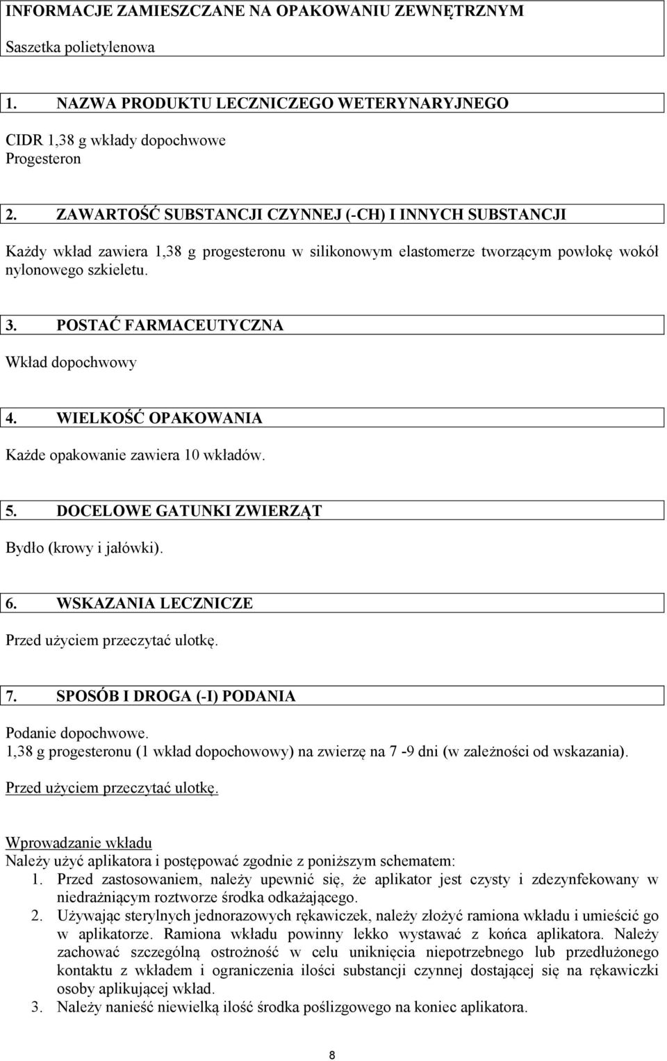 POSTAĆ FARMACEUTYCZNA Wkład dopochwowy 4. WIELKOŚĆ OPAKOWANIA Każde opakowanie zawiera 10 wkładów. 5. DOCELOWE GATUNKI ZWIERZĄT Bydło (krowy i jałówki). 6.