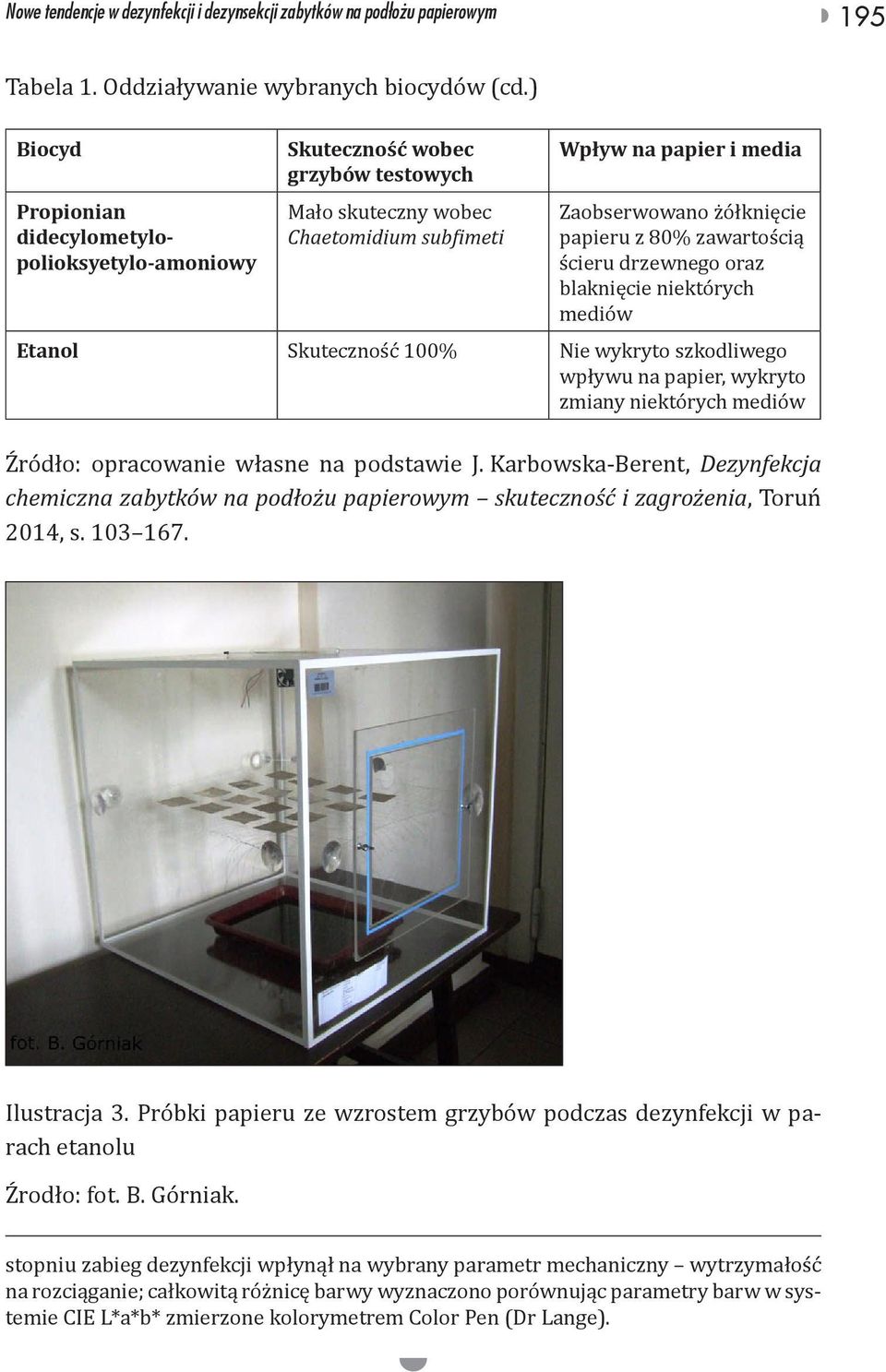 zawartością ścieru drzewnego oraz blaknięcie niektórych mediów Etanol Skuteczność 100% Nie wykryto szkodliwego wpływu na papier, wykryto zmiany niektórych mediów Źródło: opracowanie własne na