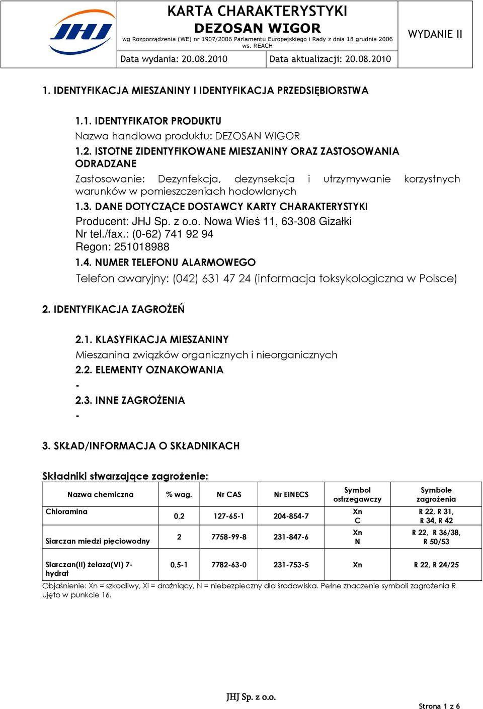 DANE DOTYCZĄCE DOSTAWCY KARTY CHARAKTERYSTYKI Producent: Nowa Wieś 11, 63308 Gizałki Nr tel./fax.: (062) 741