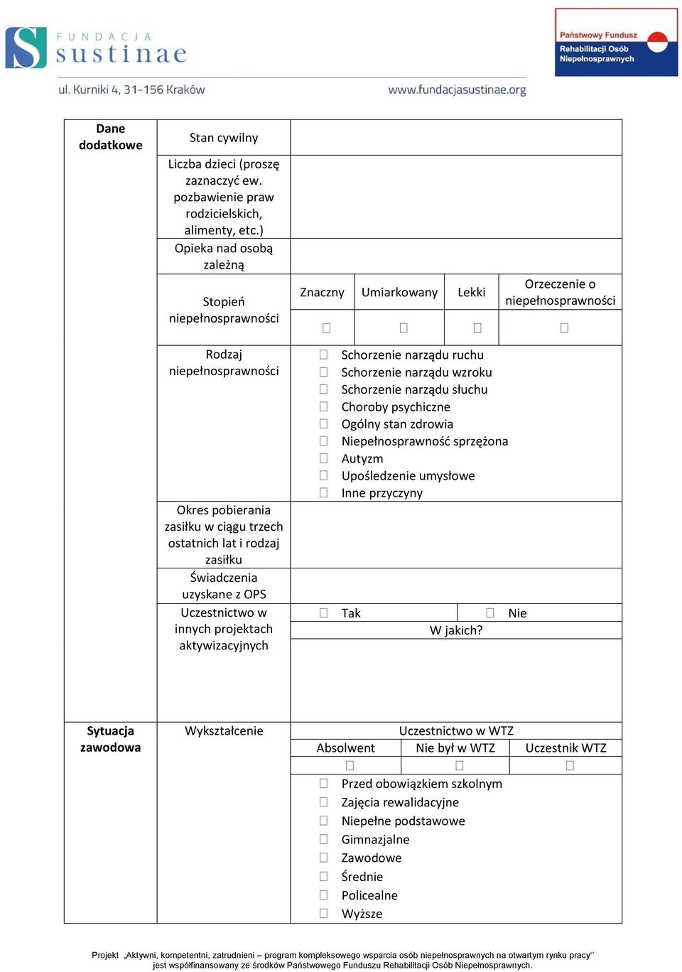 projektach aktywizacyjnych Znaczny Umiarkowany Lekki Orzeczenie o niepełnosprawności Schorzenie narządu ruchu Schorzenie narządu wzroku Schorzenie narządu słuchu Choroby psychiczne Ogólny stan