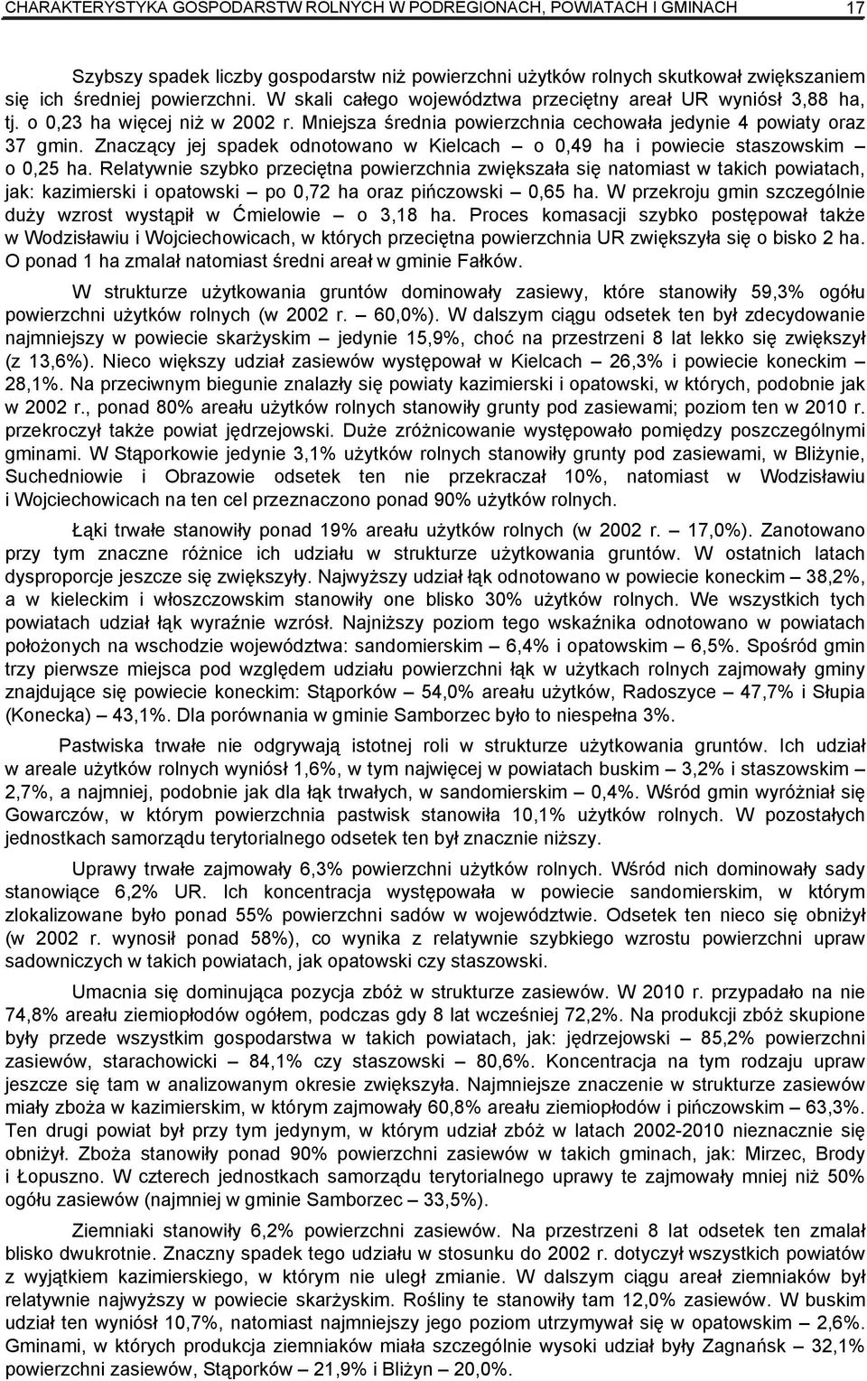 Znaczący jej spadek odnotowano w Kielcach o 0,49 ha i powiecie staszowskim o 0,25 ha.