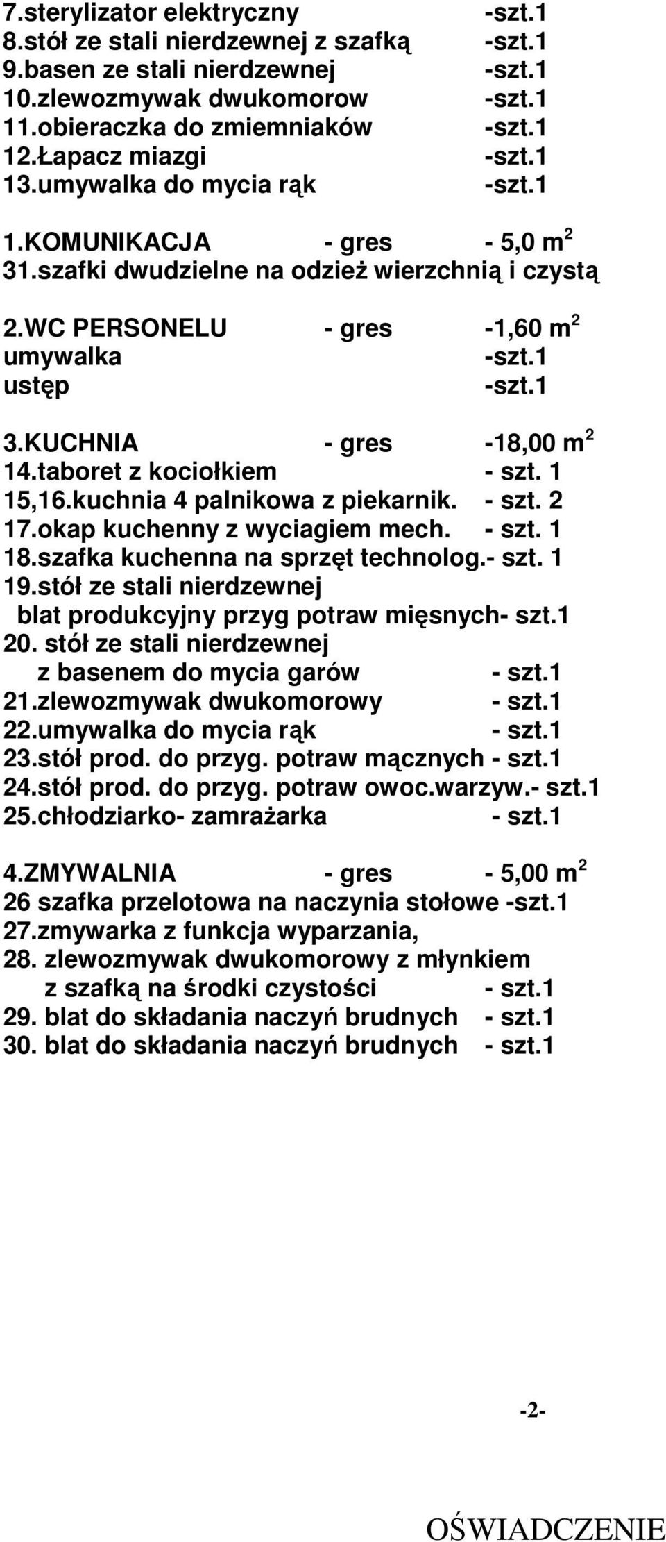 kuchnia 4 palnikowa z piekarnik. - szt. 2 17.okap kuchenny z wyciagiem mech. - szt. 1 18.szafka kuchenna na sprzęt technolog.- szt. 1 19.