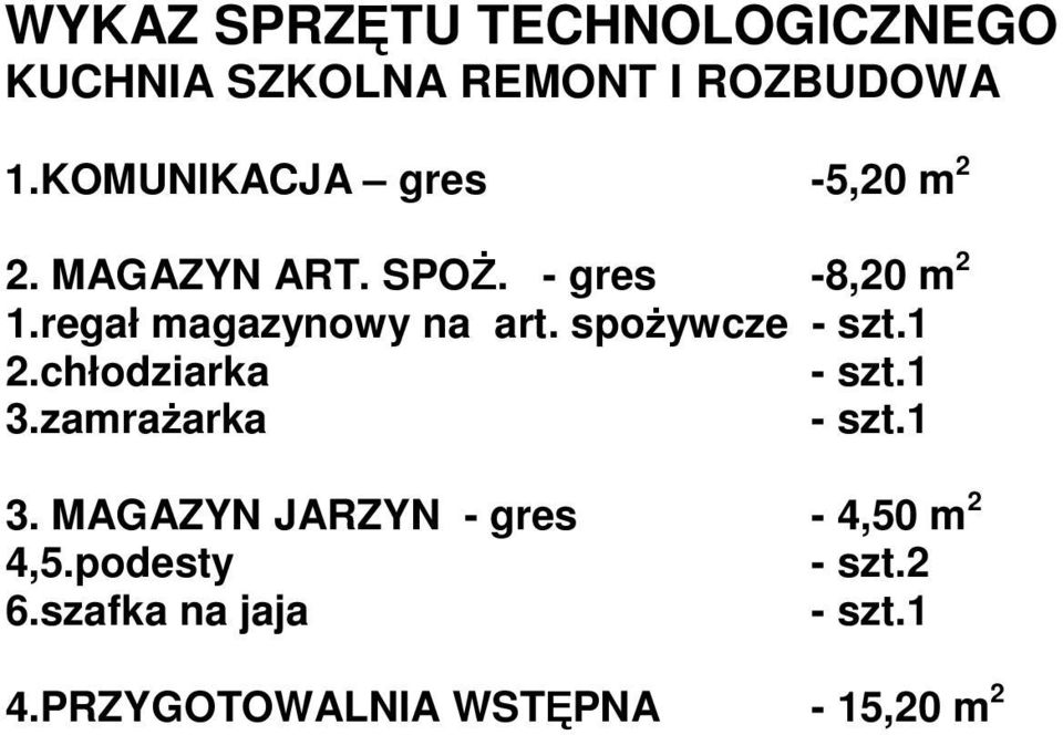 regał magazynowy na art. spożywcze - szt.1 2.chłodziarka - szt.1 3.zamrażarka - szt.