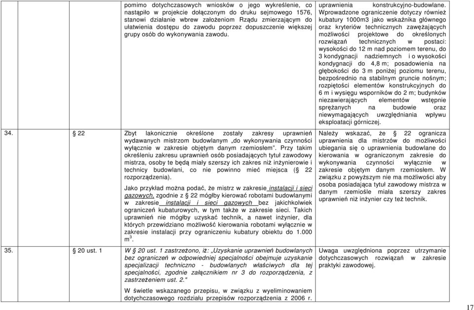 22 Zbyt lakonicznie określone zostały zakresy uprawnień wydawanych mistrzom budowlanym do wykonywania czynności wyłącznie w zakresie objętym danym rzemiosłem.