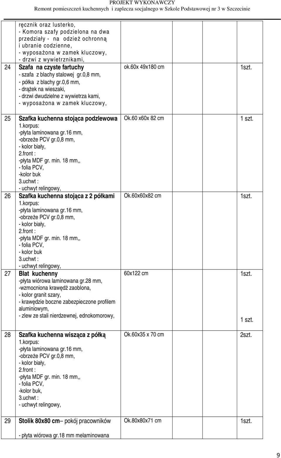 korpus: -płyta laminowana gr.16 mm, -obrzeże PCV gr.0,8 mm, - kolor biały, 2.front : -płyta MDF gr. min. 18 mm,, - folia PCV, -kolor buk 3.