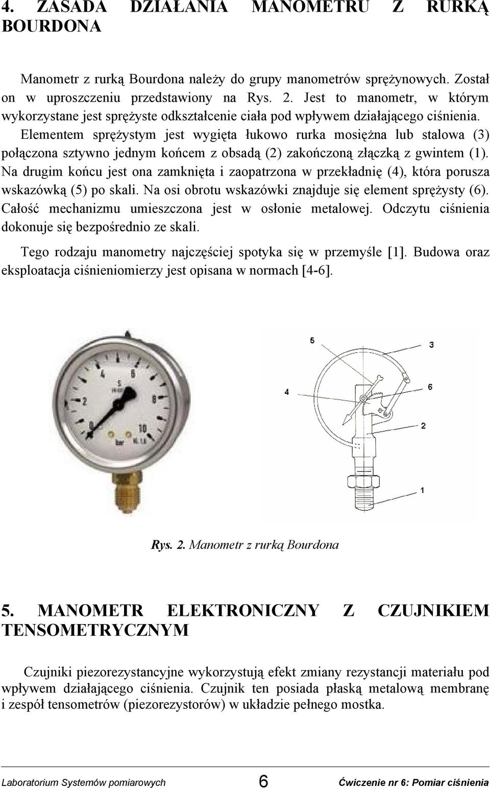 Elementem sprężystym jest wygięta łukowo rurka mosiężna lub stalowa (3) połączona sztywno jednym końcem z obsadą () zakończoną złączką z gwintem (1).