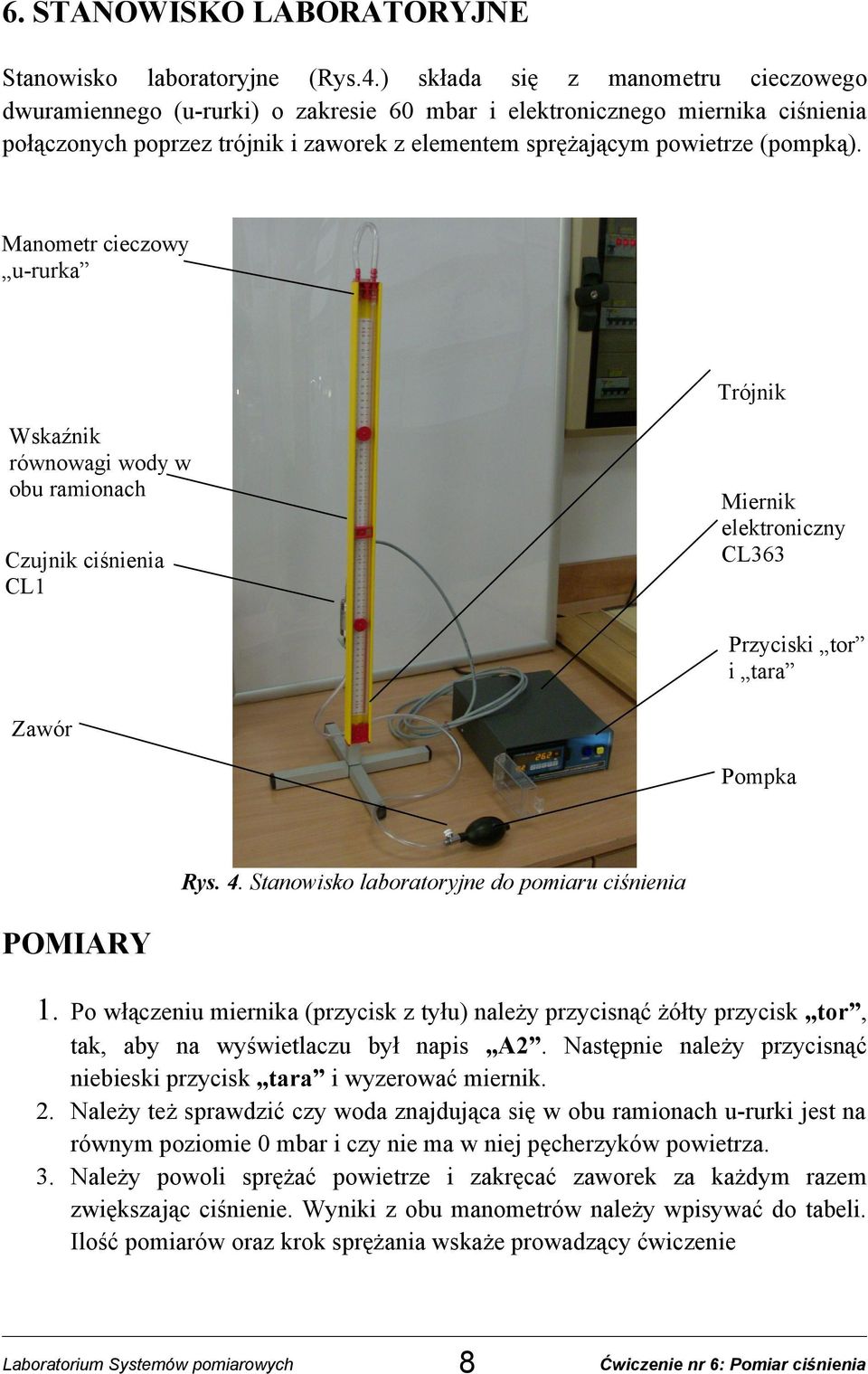 Manometr cieczowy u-rurka Trójnik Wskaźnik równowagi wody w obu ramionach Czujnik ciśnienia CL1 Miernik elektroniczny CL363 Przyciski tor i tara Zawór Pompka Rys. 4.
