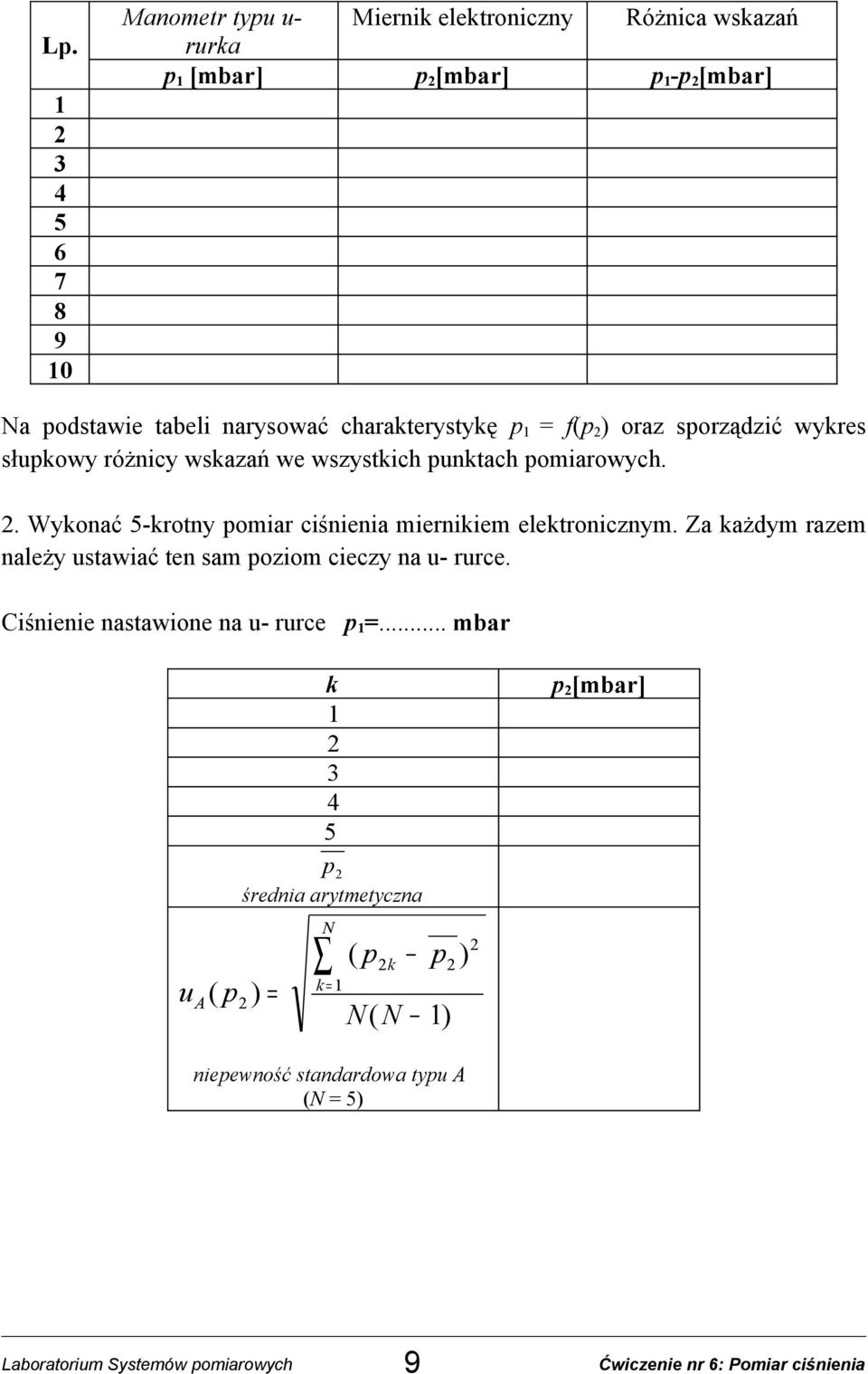 . Wykonać 5-krotny pomiar ciśnienia miernikiem elektronicznym. Za każdym razem należy ustawiać ten sam poziom cieczy na u- rurce.