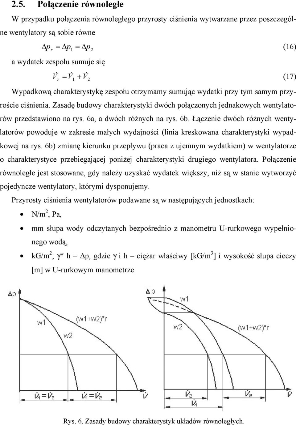 6a, a dwóch różnych na rys. 6b. Łączenie dwóch różnych wentylatorów powoduje w zakresie małych wydajności (linia kreskowana charakterystyki wypadkowej na rys.