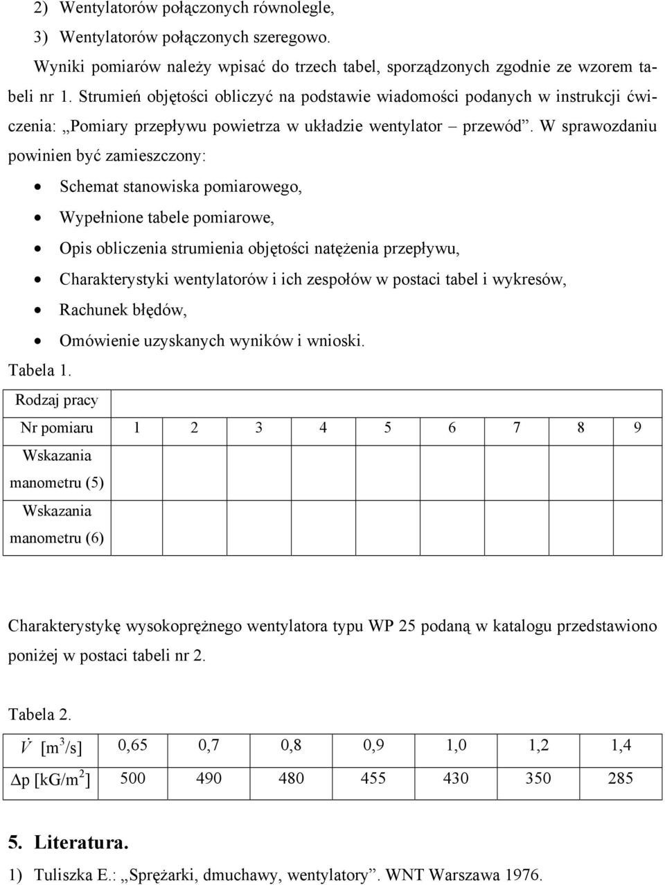 W sprawozdaniu powinien być zamieszczony: Schemat stanowiska pomiarowego, Wypełnione tabele pomiarowe, Opis obliczenia strumienia objętości natężenia przepływu, Charakterystyki wentylatorów i ich