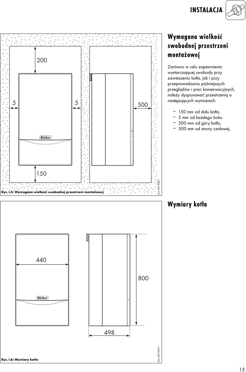 następujących wymiarach: 150 mm od dołu kotła, 5 mm od każdego boku 200 mm od góry kotła, 500 mm od strony czołowej. 150 Rys. I.