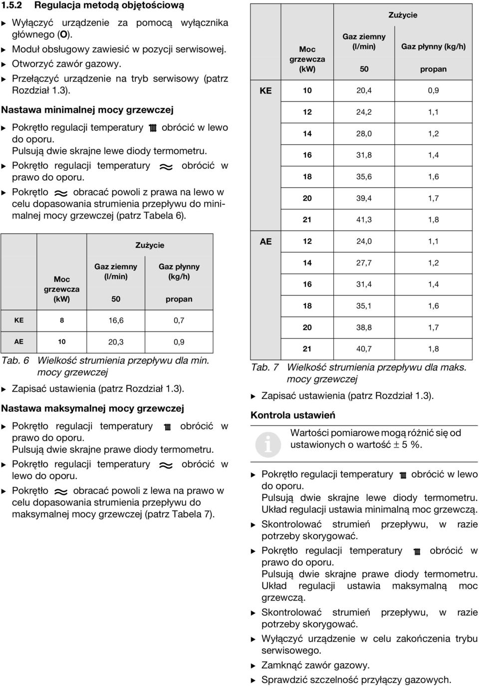 B Pokrętło regulacj temperatury obrócć w B Pokrętlo obracać powol z prawa na lewo w celu dopasowana strumena przepływu do mnmalnej mocy grzewczej (patrz Tabela 6).