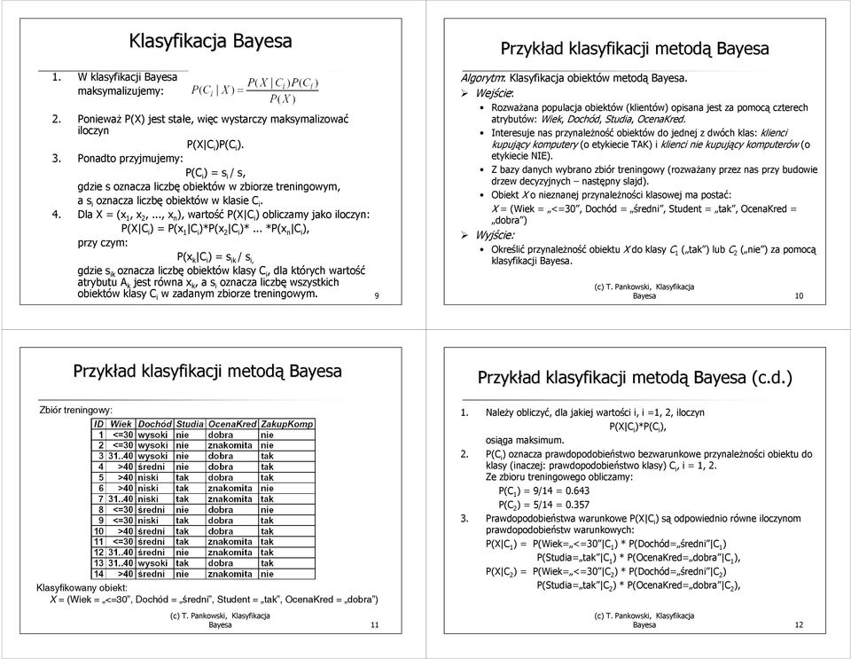 .., x n wartość P(X C i ) obliczamy jako iloczyn: P(X C i ) = P(x 1 C i )*P(x 2 C i )*.
