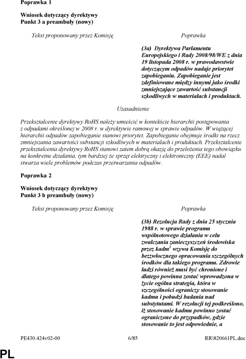 Przekształcenie dyrektywy RoHS naleŝy umieścić w kontekście hierarchii postępowania z odpadami określonej w 2008 r. w dyrektywie ramowej w sprawie odpadów.