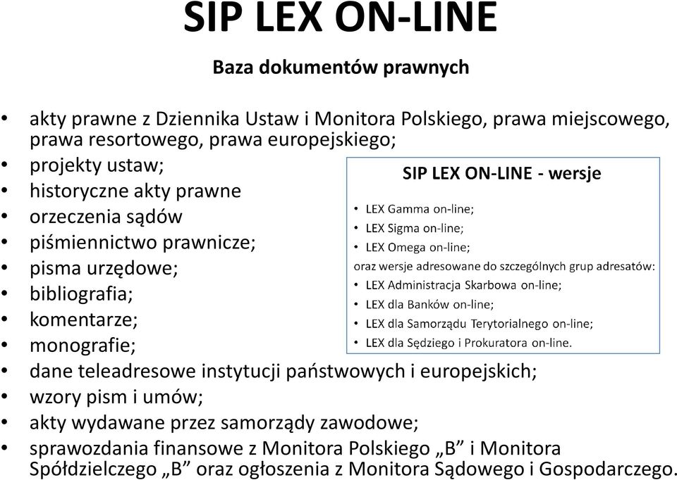 komentarze; monografie; dane teleadresowe instytucji państwowych i europejskich; wzory pism i umów; akty wydawane przez samorządy