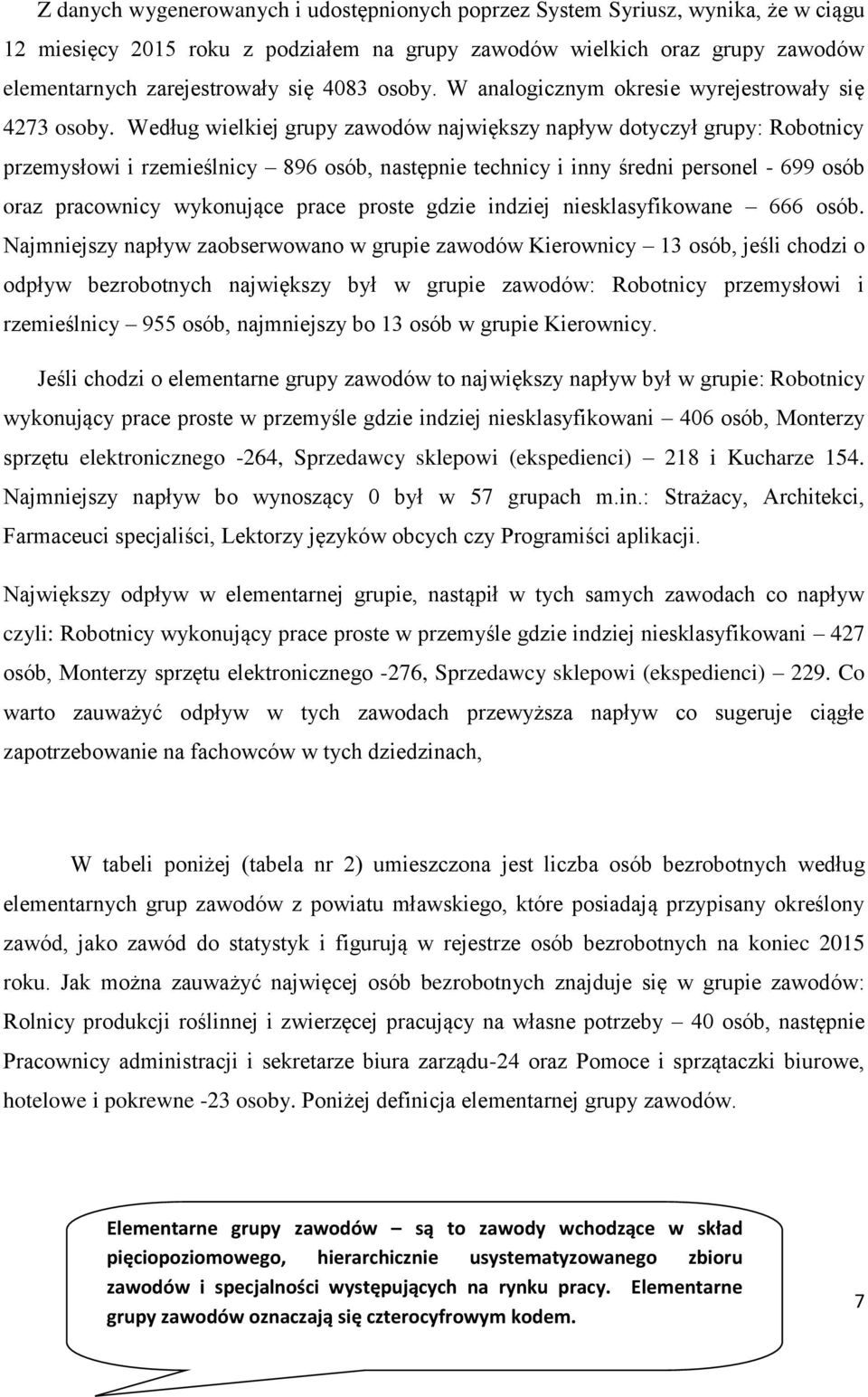 Według wielkiej grupy zawodów największy napływ dotyczył grupy: Robotnicy przemysłowi i rzemieślnicy 896 osób, następnie technicy i inny średni personel - 699 osób oraz pracownicy wykonujące prace